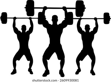 This vector file titled 'Three Strong Lifters Holding Barbell Silhouette Vector For Fitness Motivation And Gym Artwork I