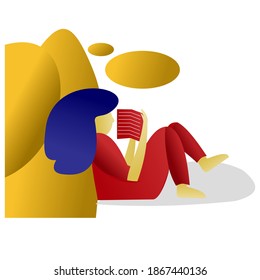 This vector is a flat design image of a woman reading her book behind a rock to calm her down. This design is usually used for children's education brochures