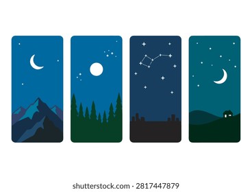 Эта векторная коллекция графики, ссылающаяся на image_c2d2c0.png, представляет собой связный набор из четырех минималистических панелей ночного неба. На каждой панели запечатлена особая ночная сцена: горный хребет под полумесяцем, густой сосновый лес под полнолунием, простой городской горизонт под ясным созвездием и холм с одним домом под полумесяцем. Эти элегантные и современные векторные иллюстрации, выполненные в спокойной синей и темной цветовой палитре, идеально подходят для использования в мобильных приложениях, художественных принтах или в качестве элементов дизайна для проектов, ориентированных на природу, путешествия или сон.

#NightSkyArt #MinimalistLandscape #VectorIllustration #MountainArt #ForestScene #CitySilhouette #MoonAndStars #ArtSet #NatureGraphics #DesignCollection