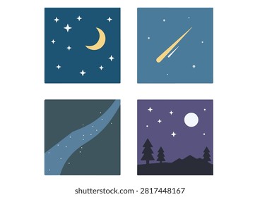 Эта векторная коллекция графики, ссылающаяся на image_c359e3.png, представляет собой связный набор из четырех минималистических панелей ночного неба, каждая из которых идеально квадратная. На панелях изображены различные небесные и ночные сцены: в левом верхнем углу — полумесяц и звезды на глубоком синем поле, в правом верхнем углу — падающая звезда на светло-голубом фоне, в левом нижнем — путь космической туманности, а в правом нижнем — силуэтный сосновый лес и горный хребет под полнолунием и звезды на фиолетовом фоне. Эти иллюстрации, выполненные в чистом современном стиле со спокойной цветовой палитрой, идеально подходят для мобильных приложений, веб-дизайна или элегантных художественных отпечатков.

#NightSkyArt #MinimalistDesign #VectorIllustration #MoonAndStars #ShootingStar #CosmicArt #PineForestSilhouette #ArtSet #NatureGraphics #DesignCollection