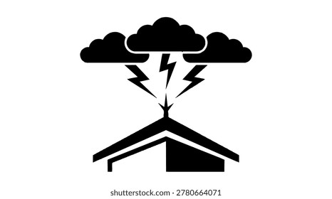 This vector graphic depicts a black storm cloud with lightning strikes above a simple house, illustrating weather and storm concepts