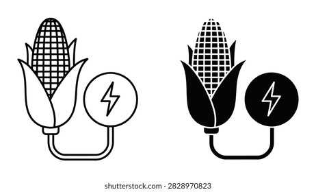 This vector graphic depicts a corn cob linked to a lightning bolt symbol signifying bioenergy production and renewable energy sources. It highlights the concept of converting agricultural products like corn into sustainable power. Ideal for illustrating topics related to green energy biofuels and eco-friendly power generation.