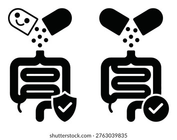 This vector graphic depicts a detailed illustration of probiotics and their effect on gut health. The image shows two intestines, one with a shield and checkmark symbolizing protection and a healthy gut, and the other with a smiling probiotic capsule pouring beneficial bacteria into it. The vector file is fully editable and scalable, EPS10 format.