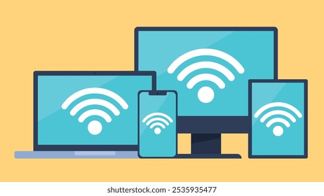 Diese Vektorgrafik zeigt mehrere Geräte, darunter einen Laptop, einen Desktop, ein Tablet und ein Smartphone, die alle ein großes Wi-Fi-Signalsymbol auf ihren Bildschirmen anzeigen.  Der Hintergrund ist gelb.