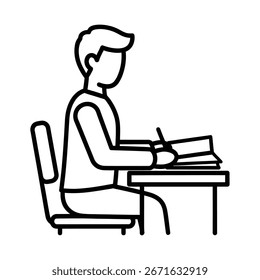 This vector graphic depicts a student studying at a desk, ideal for illustrating education and learning concepts. It is isolated on white background. 150 char