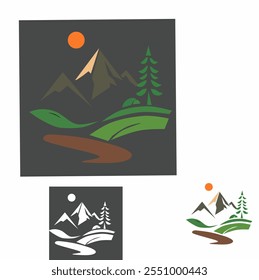 This vector graphic depicts a stunning mountain landscape that would be perfect for use as a logo design or a children's book illustration