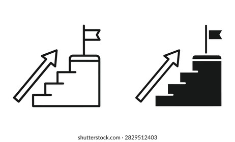 This vector graphic depicts a stylized staircase ascending towards a flag atop a pedestal symbolizing achievement progress and reaching goals. The design is presented in both a clean outline and a solid silhouette version making it versatile for various applications. It's ideal for representing concepts like business growth personal development overcoming challenges and reaching milestones. The simple yet powerful imagery conveys a clear message of aspiration and success.