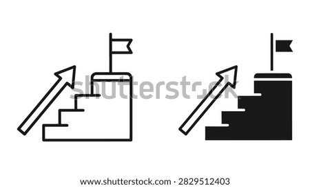 This vector graphic depicts a stylized staircase ascending towards a flag atop a pedestal symbolizing achievement progress and reaching goals. The design is presented in both a clean outline and a solid silhouette version making it versatile for various applications. It's ideal for representing concepts like business growth personal development overcoming challenges and reaching milestones. The simple yet powerful imagery conveys a clear message of aspiration and success.