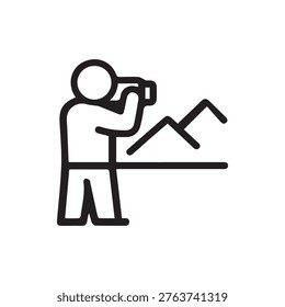 This vector graphic depicts a tourist or hiker observing a mountain range through binoculars. A clean and modern symbol for exploration and sightseeing.