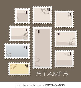 This vector graphic features an assortment of blank postage stamp templates designed in a classic, retro style. The collection displays multiple stamp frames in varying shapes—including squares, rectangles, and an elongated vertical layout—all featuring traditional serrated, perforated borders. Each placeholder is accented with a 