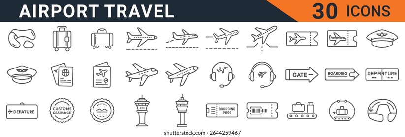 This vector graphic features a collection of thirty meticulously crafted line icons, all revolving around the theme of airport travel. The icons depict various essential elements of air travel, incl