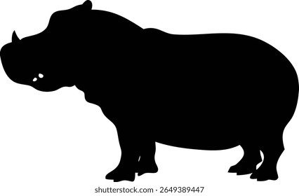 Este gráfico vetorial apresenta uma silhueta de hipopótamo em pé, encorpado, em preto sólido contra um fundo branco. O design capta a distinta forma do corpo do hipopótamo.