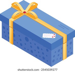 This vector graphic features an isometric view of a blue gift box with a yellow ribbon and a small tag.