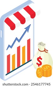 This vector graphic features an isometric view of a smartphone with a red and white awning, a bar graph showing upward growth, and a money bag with coins. It's perfect for representing online shopping