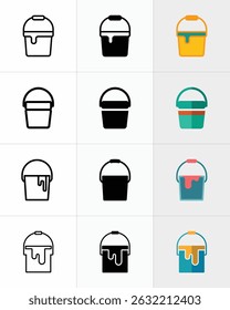 This vector graphic features a paint bucket icon set with different color buckets, offered in both filled and line style, presenting minimalist design.