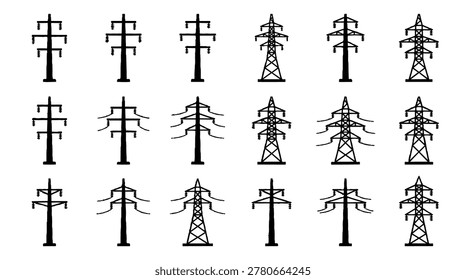This vector graphic features a series of electrical transmission towers in different styles, perspectives, and structural designs, set