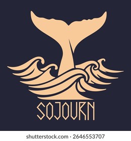 Este gráfico vetorial apresenta uma cauda de baleia estilizada emergindo das ondas do oceano com a palavra SOJOURN abaixo. É ideal para sites de logotipos de viagem e qualquer projeto que precise de um náutico