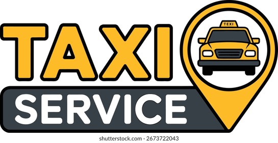 Este gráfico de Vector presenta un diseño de servicio de taxi, ideal para App de transporte y promociones de transporte. El diseño incluye una cabina amarilla y un icono de pin de ubicación, perfecto para transportar un