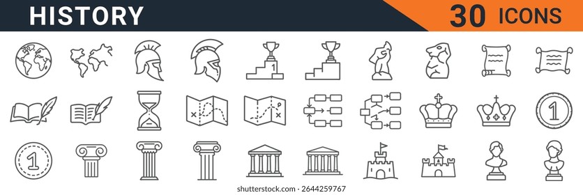This vector graphic features thirty meticulously crafted line icons representing various aspects of history. The icons depict a diverse range of historical elements, including a world map symbolizin