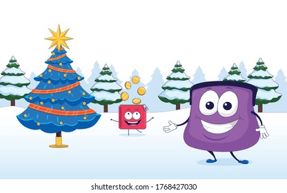 in this vector graphic is the festive atmosphere, it is a Christmas tree, wallets are happy, money falls in a wallet, the tree is adorned with a garland and a star,vector,cartoon,colorful.