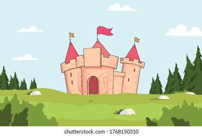 In this vector graphic is a field on which is a castle surrounded by fir trees,vector,cartoon.