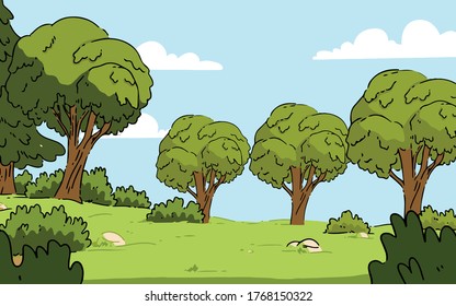 In this vector graphic is a field with trees,vector,cartoon.