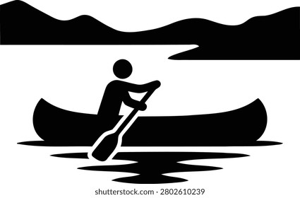 This vector graphic illustrates a lone individual enjoying a peaceful canoe ride on tranquil waters against a majestic mountain backdrop.