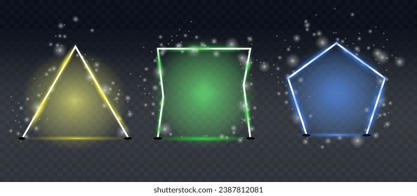 This vector graphic illustration depicts an abstract and modern design created in a neon style. In the picture you can see the geometric shapes and lines that make up the night environment.