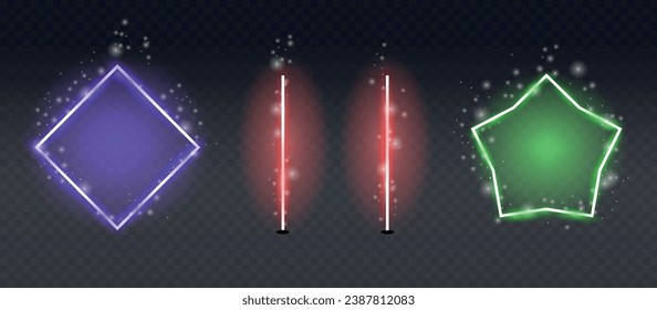 This vector graphic illustration depicts an abstract and modern design created in a neon style. In the picture you can see the geometric shapes and lines that make up the night environment.