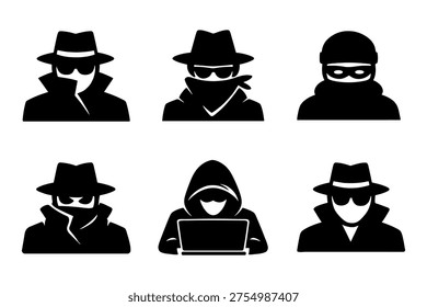 This vector graphic illustration presents a set of six distinct anonymous character icons, perfect for portraying concepts related to cybersecurity, online privacy, secret agents, or mysterious identities across various digital and print designs.