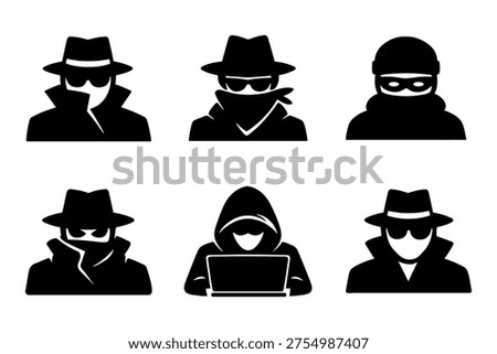This vector graphic illustration presents a set of six distinct anonymous character icons, perfect for portraying concepts related to cybersecurity, online privacy, secret agents, or mysterious identities across various digital and print designs.