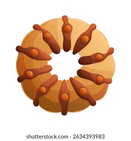This is a vector graphic illustration of a ringshaped cookie with brown toppings. The cookie has a golden brown color with deliciouslooking toppings.