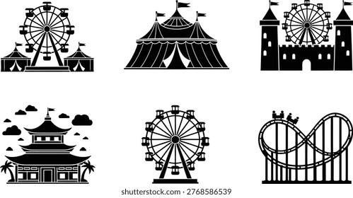 This vector graphic illustration showcases a captivating collection of various amusement park attractions. Featuring detailed black silhouettes of Ferris wheels, a circus tent, a roller coaster, a fantasy castle, and a traditional pagoda, it's perfect for entertainment-themed designs.