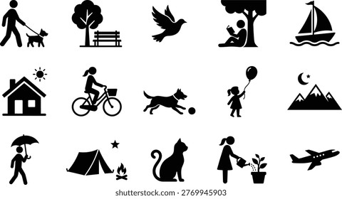 This vector graphic illustration showcases various simple pictogram icons representing diverse outdoor leisure activities and elements of nature.