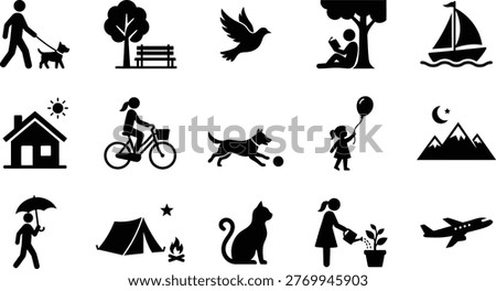 This vector graphic illustration showcases various simple pictogram icons representing diverse outdoor leisure activities and elements of nature.