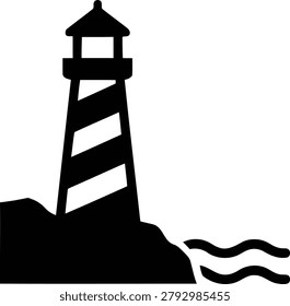 This vector graphic illustration shows a classic lighthouse guiding ships from rocky shores with gentle sea waves nearby.