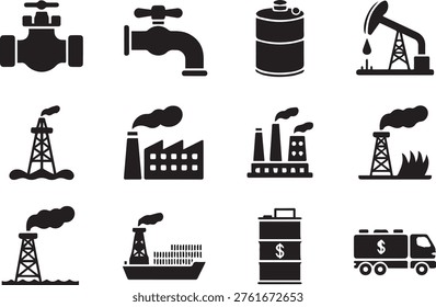 This is a vector graphic illustration of various oil and gas industry icons, including drilling rigs, refineries, factories, and transportation vehicles. The icons are designed in a flat, minimal style and are presented on a transparent background, making them versatile for use in a variety of applications.