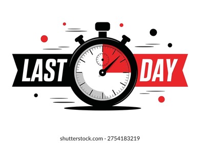 This vector graphic illustration vividly portrays a black stopwatch with a distinct red and white face, symbolizing time running out. Positioned centrally, it is flanked by bold black 