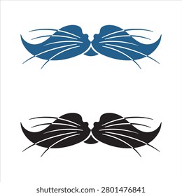 This vector graphic from image_88ee6c.png features a unique, minimalist silhouette design combining a cat's snout, mouth, and elegant, sweeping whiskers, closely resembling a stylized mustache. The artwork is presented in a set of two color choices: an upper version in deep corporate blue and a lower version in rich classic black. Perfectly isolated on a solid white background, this flat vector element is ideal for pet shop logos, quirky barbershop branding, mascots, custom decals, stencils, and t-shirt designs.

#catwhiskers #catsnout #mustache #vectorillustration #logosymbol #minimalistdesign #felineart #graphicset