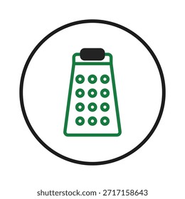 Este gráfico de Vector retrata un rallador de alimentos en un diseño simplista y limpio. La representación presenta un estilo geométrico, con un contorno verde y acentos negros, sobre un fondo blanco.