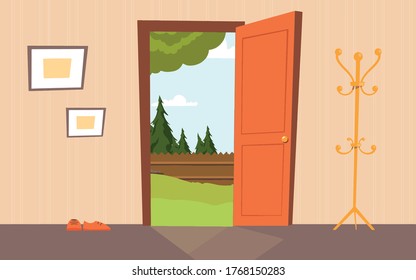 In this vector graphic is a room with the door open in the room next to the door sits a pair of shoes a hanger on the wall are paintings on the background is the wooden fence and fir trees,vector.