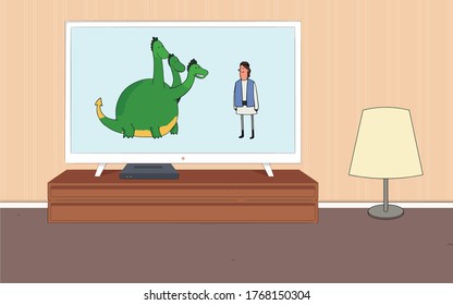 En este gráfico vectorial hay una habitación en la que hay un armario en el que el televisor se sienta al lado de una lámpara, en la pantalla del televisor se muestra un dragón con tres cabezas y un niño, vector, dibujos animados.