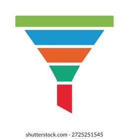 Este é um gráfico vetorial de um funil de vendas, representado com barras horizontais de diferentes cores empilhadas para formar uma forma de funil. A seção superior é verde, seguida por azul, laranja, azul-petróleo e, finalmente, vermelho na parte inferior. O funil se estreita de cima para baixo, simbolizando um processo onde um grande número de entradas são reduzidas a um número menor de saídas. Essa representação visual é comumente usada nos negócios para ilustrar estágios dos processos de vendas, marketing ou aquisição de clientes, nos quais os clientes potenciais passam gradualmente por diferentes fases até que uma conversão ou resultado final seja alcançado.
