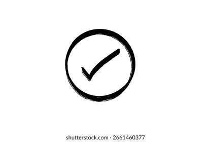 Este gráfico de Vector muestra una marca de verificación negra encerrada en un círculo, representada con pinceladas texturizadas en blanco.