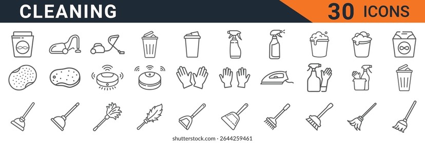 This vector graphic showcases a collection of thirty meticulously crafted line art icons, all centered around the theme of cleaning and housekeeping. The icons depict a comprehensive range of cleani