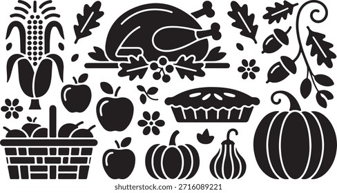This vector graphic showcases collection of thanksgiving holiday celebration icons, includes silhouette of turkey, cornucopia, pumpkins, apples, pie, leaves. The elements represent autumn harvest, making it suited for illustrating thanksgiving holiday themes, autumn festivals, or harvest season promotions.