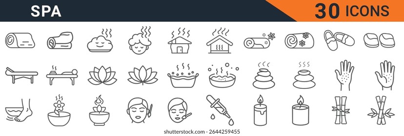 This vector graphic showcases a comprehensive collection of 30 meticulously crafted line art icons, all centered around the theme of spa and wellness. The icons depict a wide range of treatments and