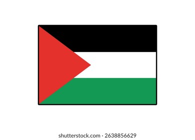 This vector graphic showcases the Palestinian flag, featuring a black stripe on top, followed by white and green stripes, with a red triangle on the left side.