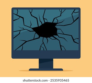 Este gráfico de Vector muestra un monitor de computadora con una pantalla agrietada y destrozada, con un Grande agujero negro en el centro. Las grietas se extienden hacia afuera, simbolizando daño o mal funcionamiento.