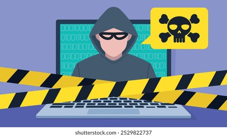 This vector graphic shows a hacker in a hoodie using a laptop with binary code on the screen. A yellow speech bubble with a skull and crossbones appears, while caution tape crosses the scene.